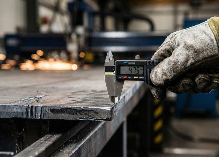 Sac ağırlık hesaplaması öncesi dijital kumpas ile hassas sac kalınlık ölçümü ve kalite kontrol.