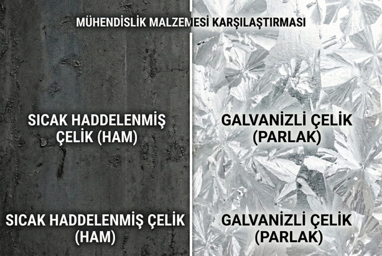 Solda mat yüzeyli siyah sac, sağda parlak ve paslanmaz galvanizli sac yüzey dokusu karşılaştırması